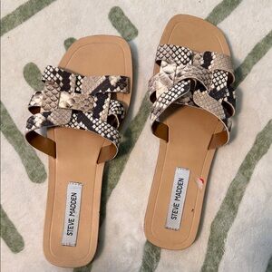 Steve Madden Women’s Snake-Print Slide Sandals in Beige and Black